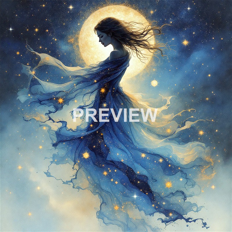 A mystical illustration of a woman with flowing hair and a dress made of starry, translucent fabric, standing against a large glowing moon with a starry sky background.